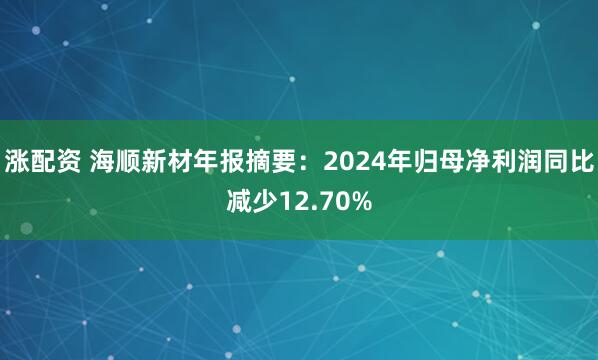 涨配资 海顺新材年报摘要：2024年归母净利润同比减少12.70%